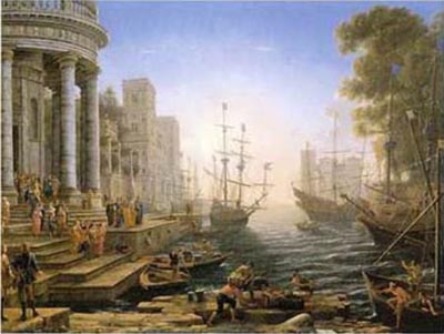 Painting of a harbor at sunrise, with tall sailing ships, classical buildings on the left, and figures on the quay.